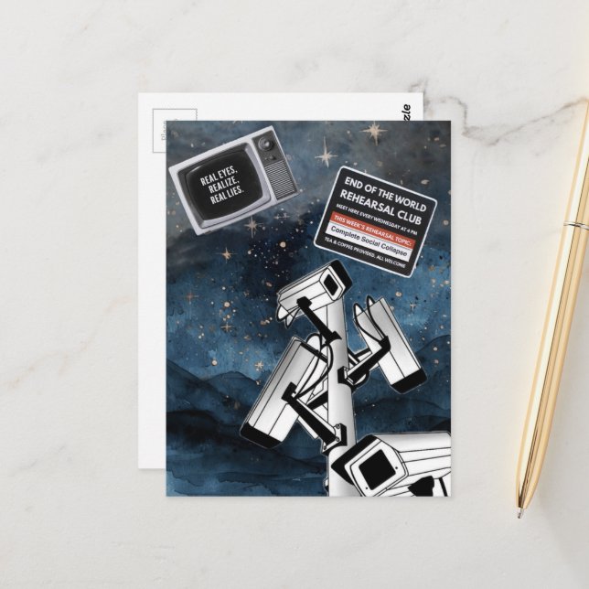 A surreal surveillance scene postcard (Front/Back In Situ)