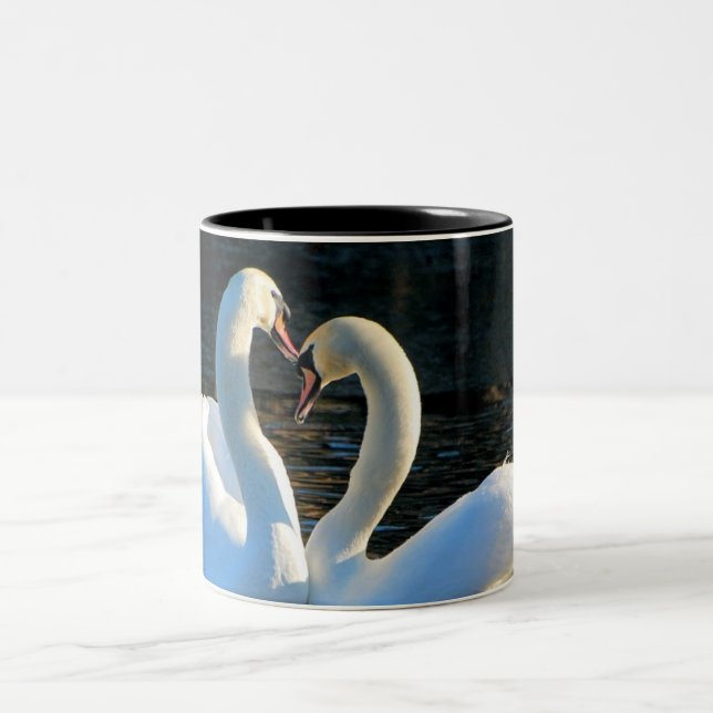 A Swan Heart Kiss, Reflections of Love Two-Tone Coffee Mug (Center)
