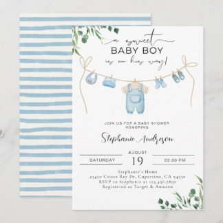 A sweet baby boy is on his way Laundry Blue Invitation