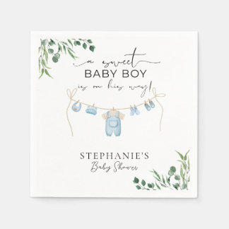 A sweet baby boy is on his way Laundry Blue Napkin