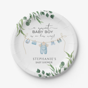 A sweet baby boy is on his way Laundry Blue Paper Plate