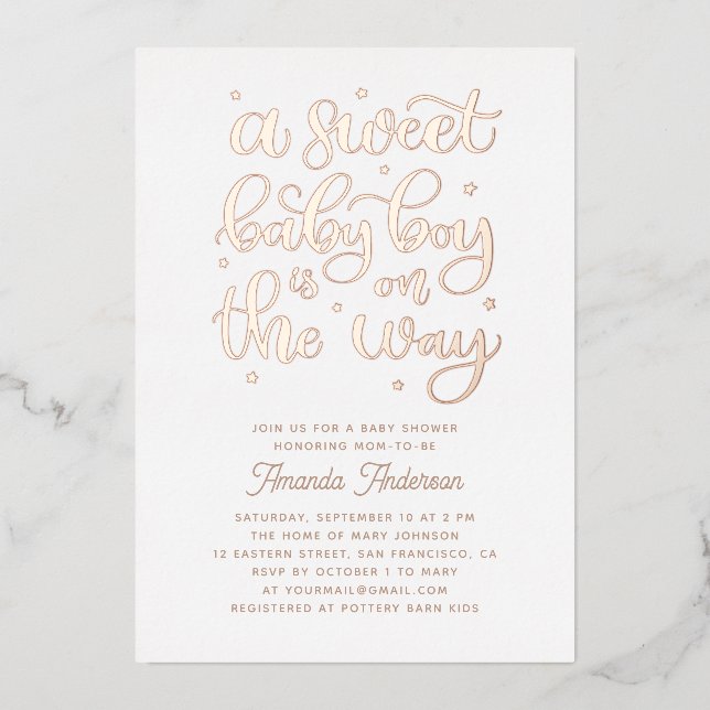 A sweet baby boy is on the way. Gold baby shower (Front)