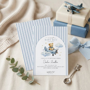 A Sweet Baby Boy Teddy Bear Vintage Blue Airplane Invitation