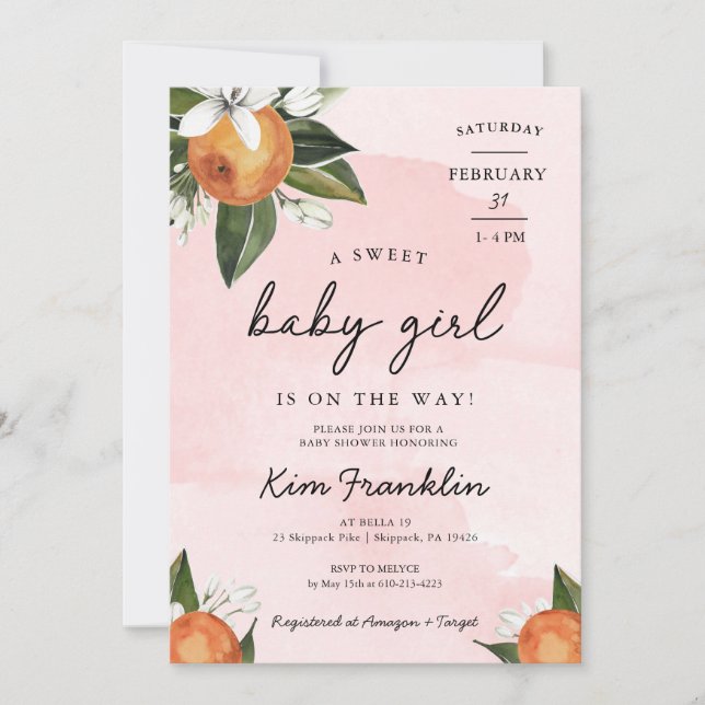 A Sweet Baby Girl is on the Way Clementine Orange Invitation (Front)