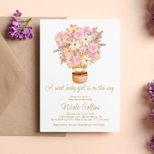 A Sweet Baby Girl Pink Floral Balloon Baby Shower  Invitation