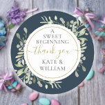 A Sweet Beginning Deep Sea Greenery Wedding Favour Classic Round Sticker<br><div class="desc">Featuring delicate watercolor greenery leaves on a deep sea blue background,  this chic botanical thank you sticker can be personalized with your special wedding day message and names. Designed by Thisisnotme©</div>