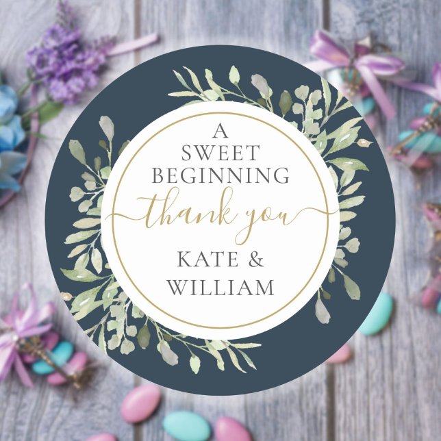 A Sweet Beginning Deep Sea Greenery Wedding Favour Classic Round Sticker (A Sweet Beginning Navy Blue Greenery Wedding Favor Classic Round Sticker)