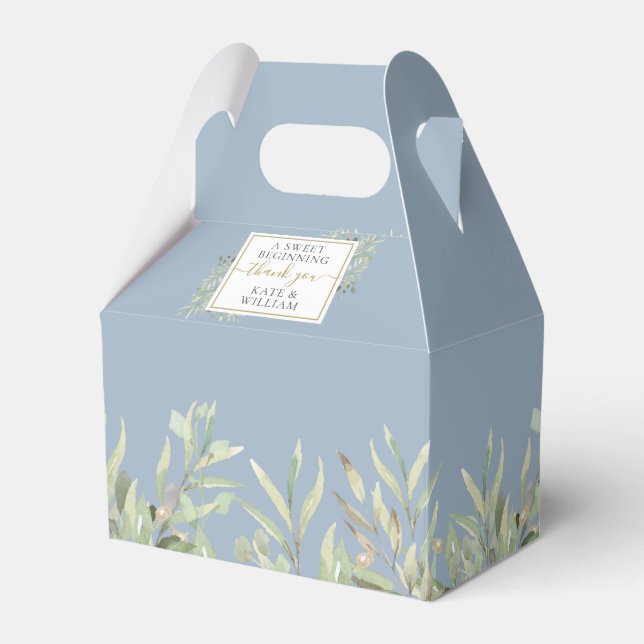 A Sweet Beginning Greenery Dusty Blue Wedding Favor Box (Front Side)