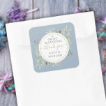 A Sweet Beginning Greenery Dusty Blue Wedding Square Sticker<br><div class="desc">Featuring delicate watercolor greenery leaves on a dusty blue background,  this chic botanical thank you sticker can be personalized with your special wedding day message and names. Designed by Thisisnotme©</div>