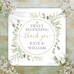 A Sweet Beginning Greenery Wedding Thank You Favou Square Sticker<br><div class="desc">Featuring delicate watercolor greenery leaves,  this chic botanical thank you sticker can be personalized with your special wedding day message and names. Designed by Thisisnotme©</div>