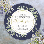 A Sweet Beginning Navy Blue Greenery Wedding  Classic Round Sticker<br><div class="desc">Featuring delicate watercolor greenery leaves on a navy blue background,  this chic botanical thank you sticker can be personalized with your special wedding day message and names. Designed by Thisisnotme©</div>