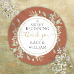 A Sweet Beginning Terracotta Greenery Wedding  Classic Round Sticker<br><div class="desc">Featuring delicate watercolor greenery leaves on a terracotta background,  this chic botanical thank you sticker can be personalized with your special wedding day message and names. Designed by Thisisnotme©</div>