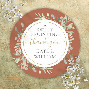 A Sweet Beginning Terracotta Greenery Wedding Classic Round Sticker