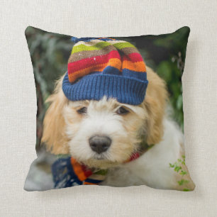 A Sweet Cavachon Puppy In A Winter Hat And Scarf Throw Pillow