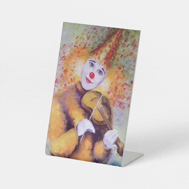 A sweet clown playing the violin pedestal sign (Front)