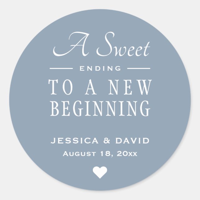A Sweet Ending Dusty Blue Wedding Favour Sticker (Front)
