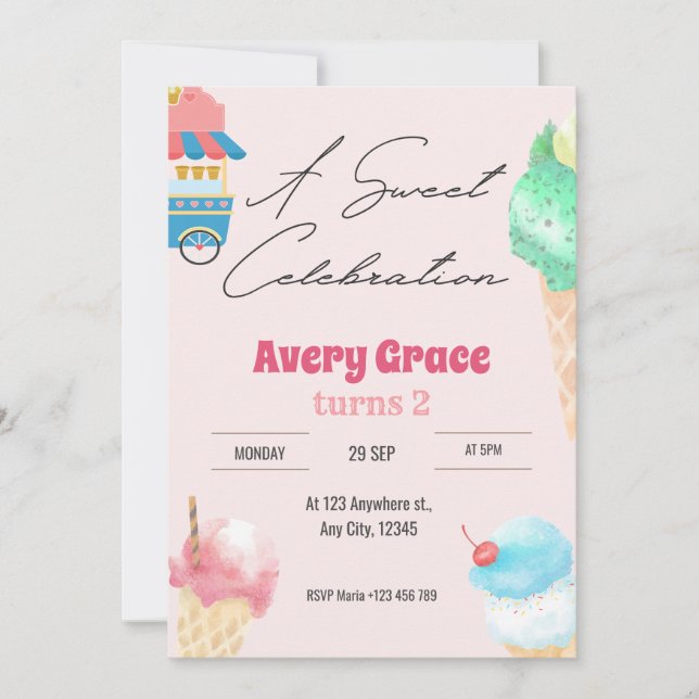 A Sweet Icecream Summer Birthday Party Invitation (Front)