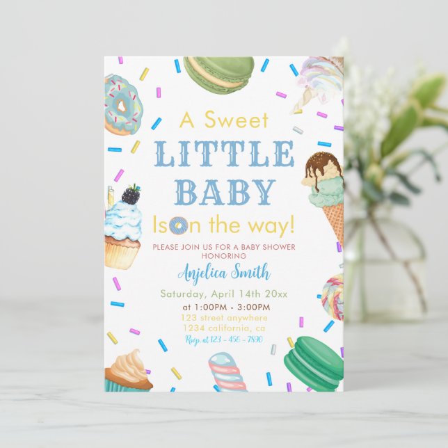 A Sweet Little Baby Doughnut Blue Dessert baby sho Invitation (Standing Front)