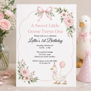 A Sweet Little Goose Pink Bow 1st Birthday Invitation