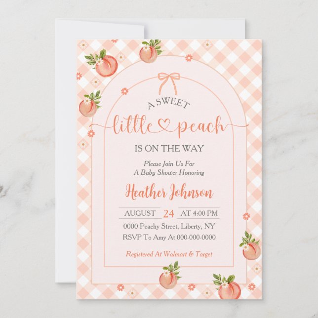 A Sweet Little Peach Gingham Baby Shower Invitation (Front)