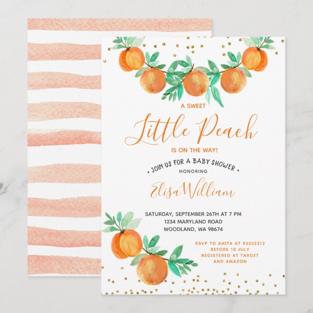 A Sweet Little Peach is on the way Baby Shower Invitation (Front/Back)