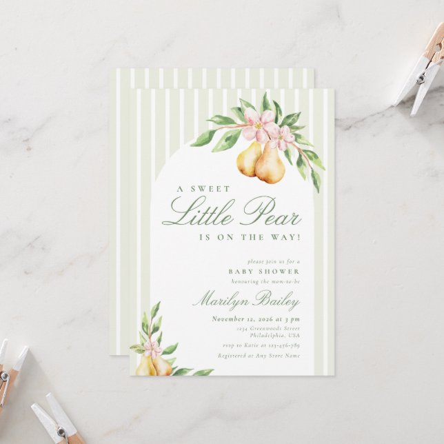 A Sweet Little Pear Baby Shower Arch Invitation (Front/Back In Situ)