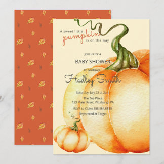 A sweet little pumpkin is on the way baby shower   invitation
