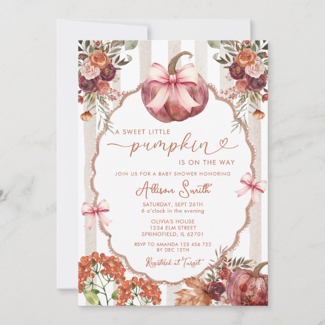 A Sweet Little Pumpkin Marsala Bow Baby Shower Invitation (Front)