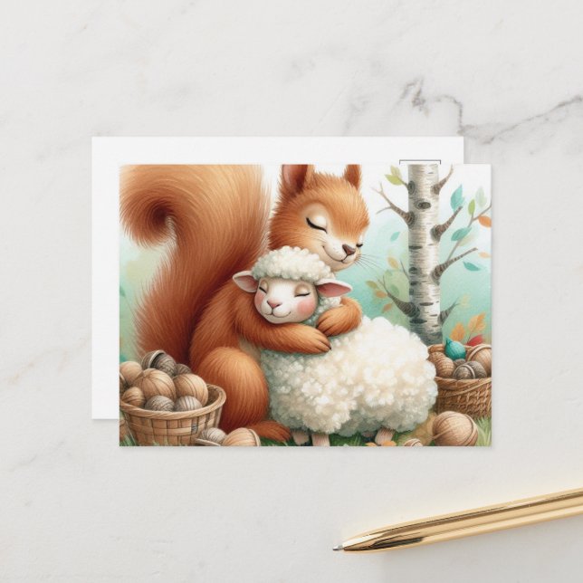 A Sweet Squirrel Hugs a Sheep Postcard (Front/Back In Situ)