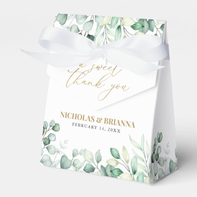 A Sweet Thank You Eucalyptus Monogram Gold Wedding Favor Box (Front Side)
