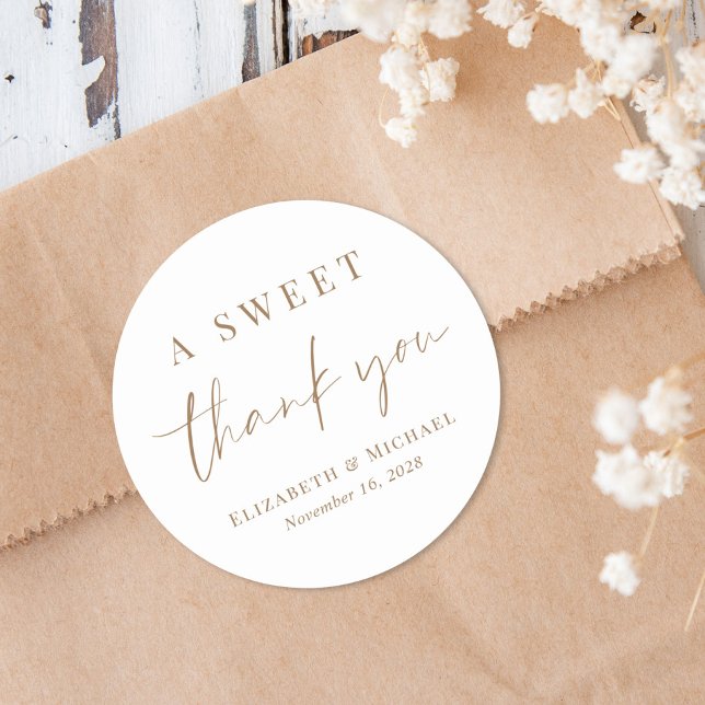 A Sweet Thank You Gold Script Wedding Favour Classic Round Sticker (Creator Uploaded)