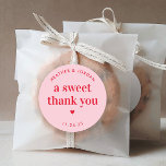 A Sweet Thank You Pink and Red Retro Wedding Favou Classic Round Sticker<br><div class="desc">A Sweet Thank You Pink and Red Retro Wedding Favour Stickers</div>