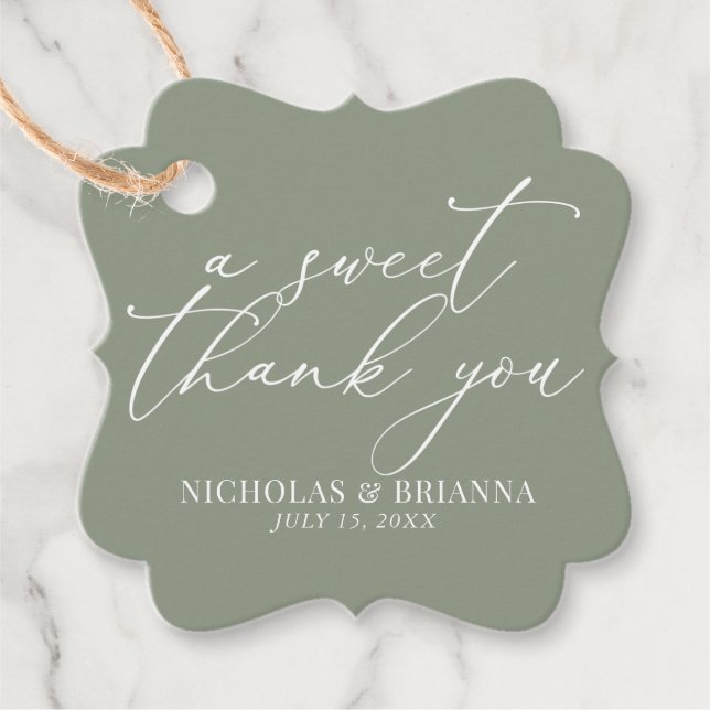 A Sweet Thank You Sage Green Elegant Wedding Favour Tags (Front)