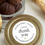 A Sweet Thank You Simple Typography Wedding Favour Classic Round Sticker<br><div class="desc">Add an elegant personalized touch to wedding reception or bridal shower party favours with "a sweet thank you" custom round stickers. All wording on this template is simple to customize for treat bag seals or gift tags. The modern minimalist black and white design features a gold faux foil heart and...</div>