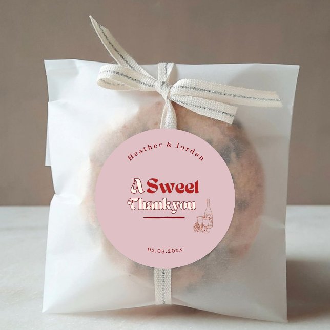 A Sweet ThankYou Pink red wine Retro Wedding Favou Classic Round Sticker (Creator Uploaded)