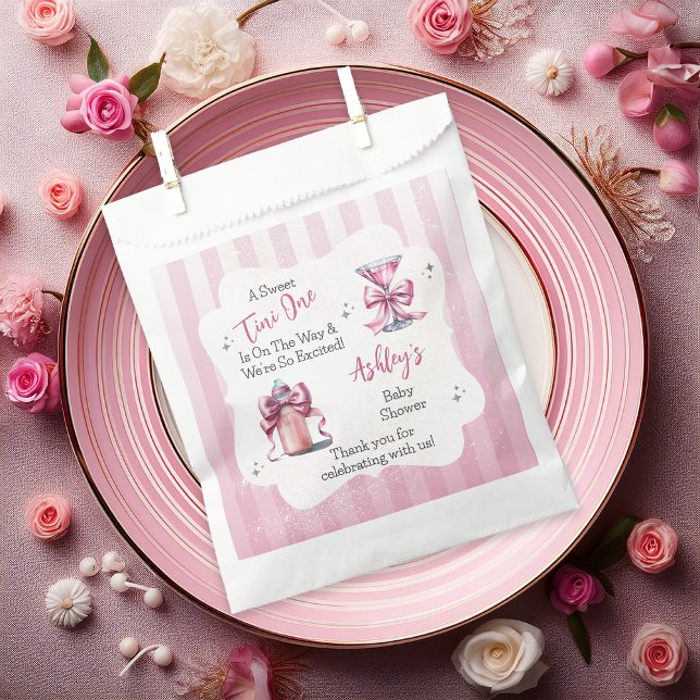 A Sweet Tini One Pink Coquette Girl Baby Shower Favour Bag ("A Sweet Tini One Is On the Way . . ." Coquette Bows Martini | Bottle Girl Baby Shower Favor Bags)