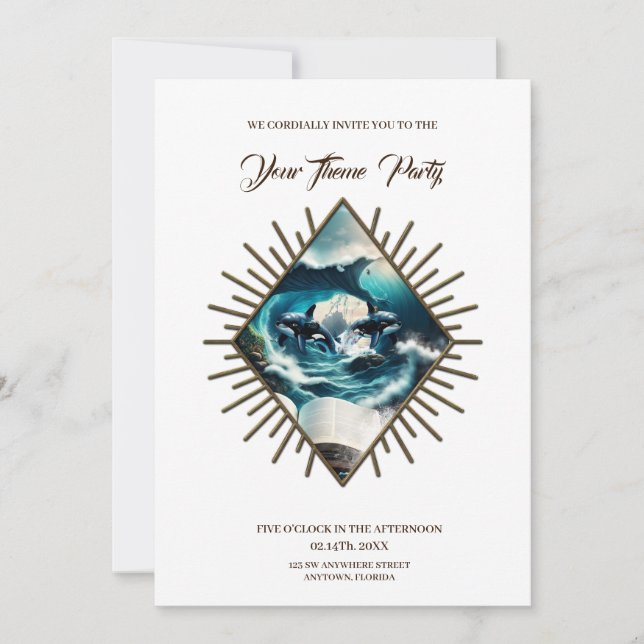 A Swimming steampunk Orca in the wave. Invitation (Front)