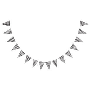 A symmetrical monochrome design featuring intricat bunting flags