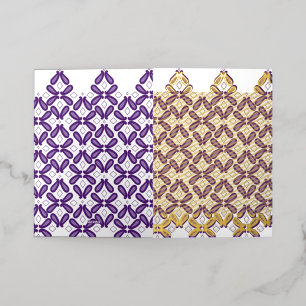 A symmetrical pattern featuring white and purple m foil greeting card
