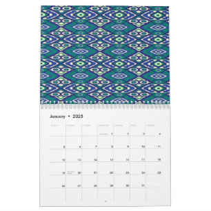 A symmetrical pattern of blue motifs on a textile calendar
