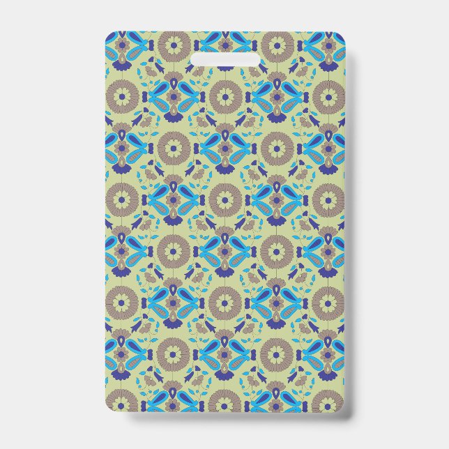 A symmetrical textile design featuring blue and or badge (Front)