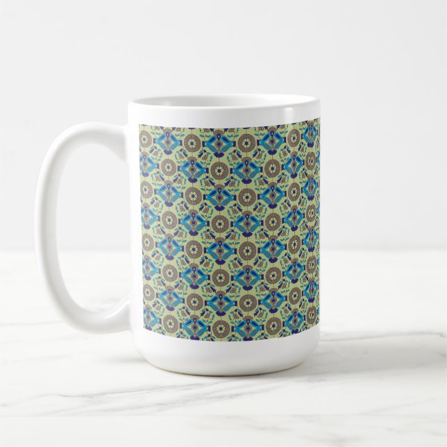 A symmetrical textile design featuring blue and or coffee mug (Left)