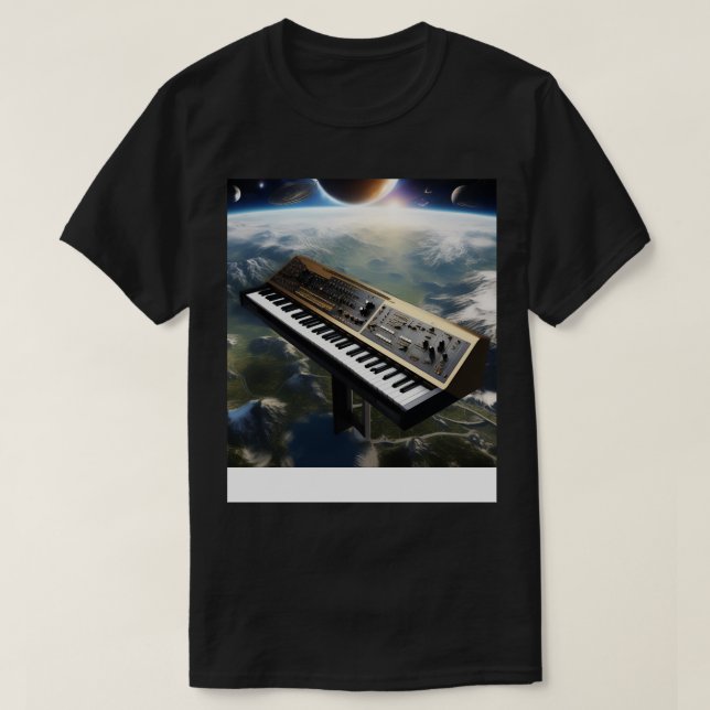 A Synthesizer Flying Above Earth T-Shirt (Design Front)