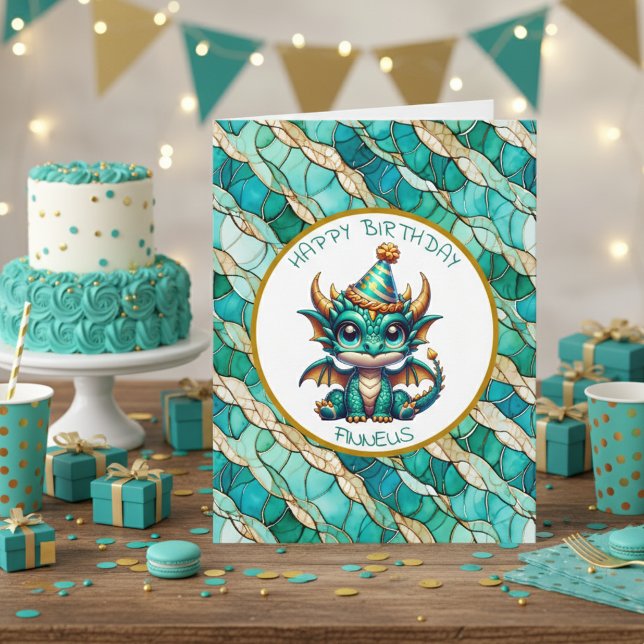 A Teal and Gold Dragon Personalized Boy's Birthday Card (Creator Uploaded)