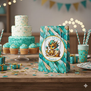 A Teal and Gold Dragon Personalized Boy's Birthday Medium Gift Bag