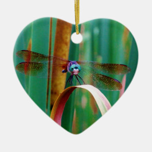 A teal Eyed Dragonfly with cattails Ceramic Ornament