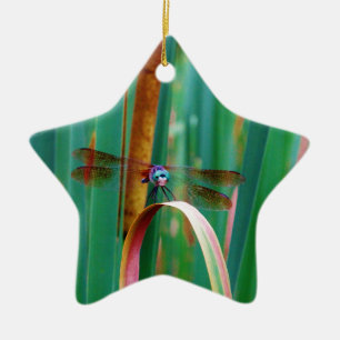 A teal Eyed Dragonfly with cattails Ceramic Ornament