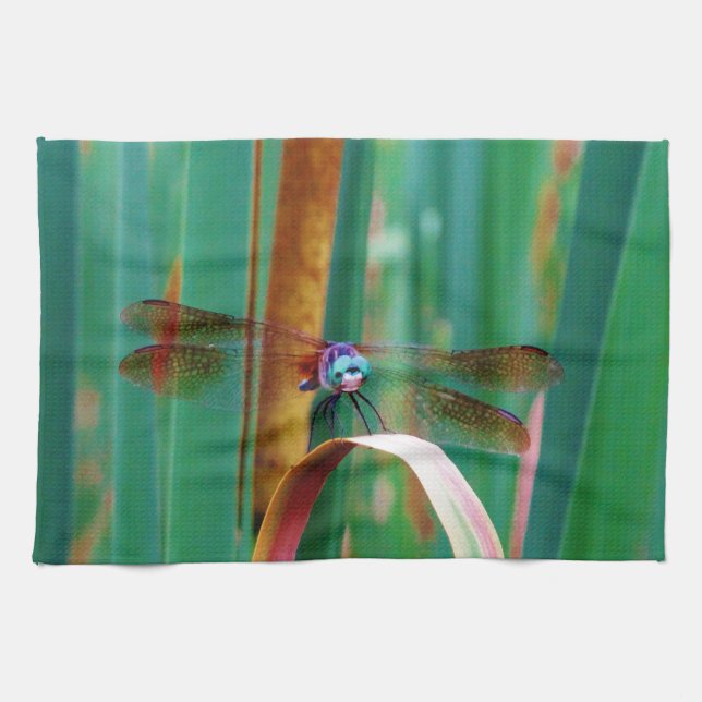A teal Eyed Dragonfly with cattails Kitchen Towel (Horizontal)