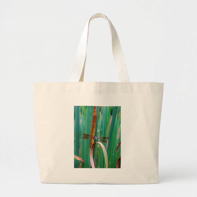 A teal Eyed Dragonfly with cattails Large Tote Bag (Front)