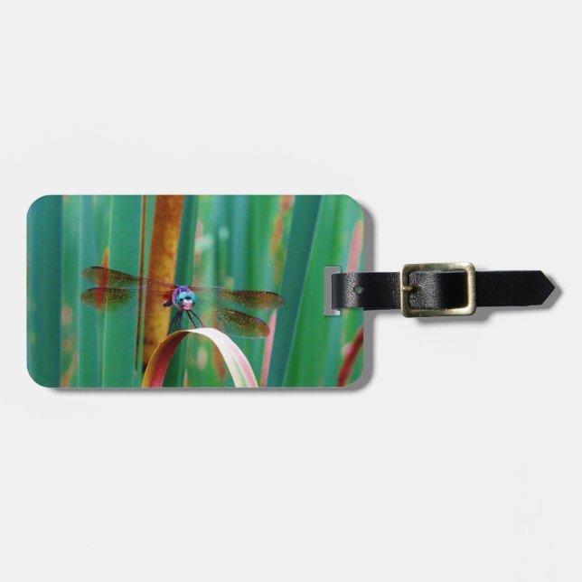 A teal Eyed Dragonfly with cattails Luggage Tag (Front Horizontal)